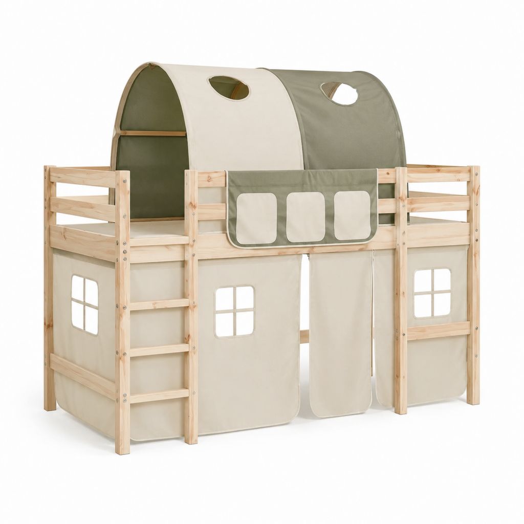 Kinder Hochbett mit Spielzelt Natur Grün Beige aus massivem Kiefernholz 90 x 200 cm
