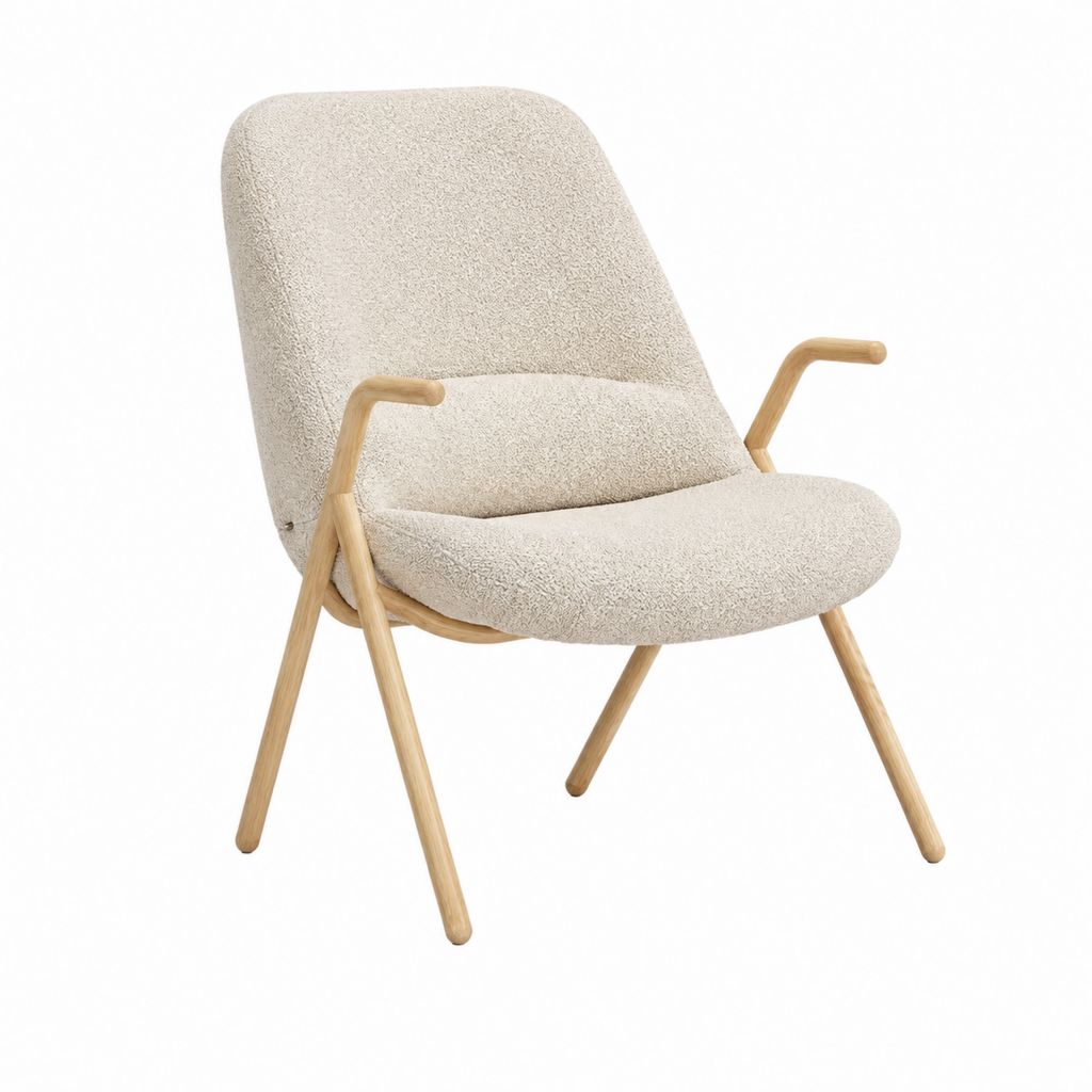 Loungesessel Creme mit Bouclé-Polyesterbezug und Massivholzgestell 68 x 75 x 98 cm