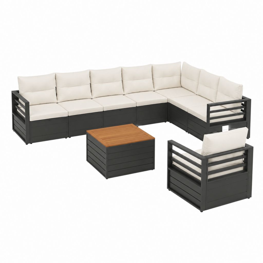 Gartenlounge Set mit Ecksofa Sessel und Couchtisch Schwarz Creme Aluminium 300 x 220 x 75 cm