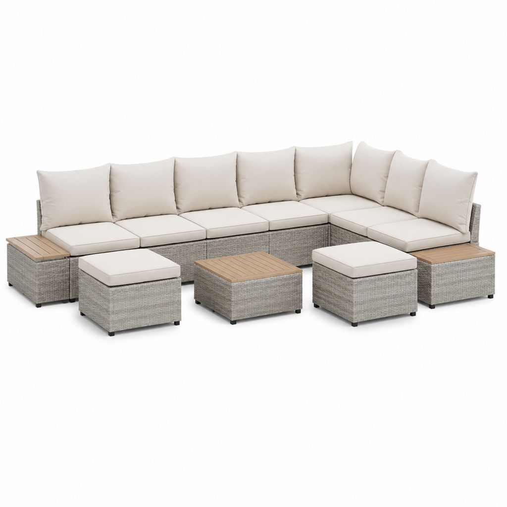 Gartenlounge Ecksofa Set 8-teilig Beige Grau aus PE-Rattan und Polyester 300 x 230 cm