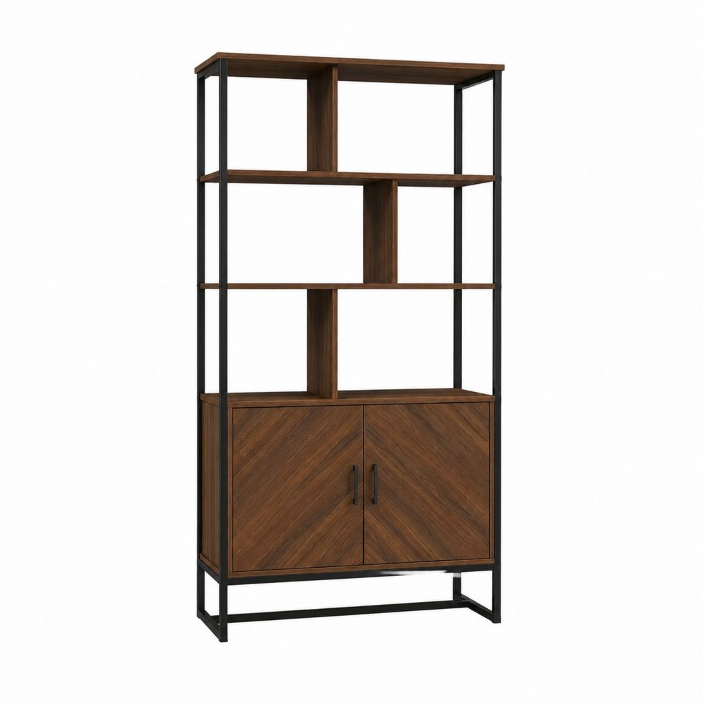 Bücherregal mit Schrank braun schwarz aus Spanplatte und Stahl 90 x 35 x 180 cm
