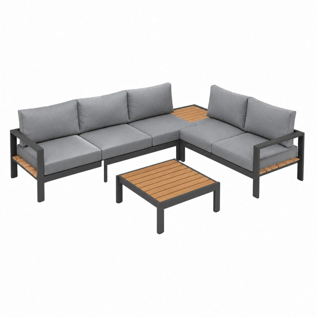 Gartenlounge Ecksofa Set Grau Aluminium Akazienholz 220 x 220 x 65 cm mit Couchtisch