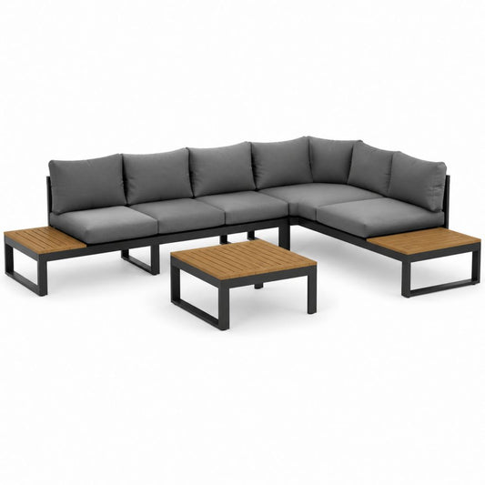 Gartenlounge Ecksofa Set Anthrazit Aluminium Teakholz L-Form 270 x 210 x 75 cm mit Couchtisch