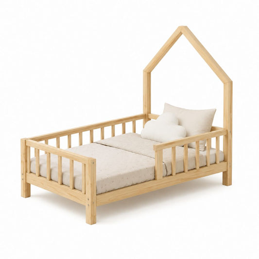 Kinderhausbett mit Rausfallschutz Natur aus Kiefer-Massivholz 90 x 200 cm