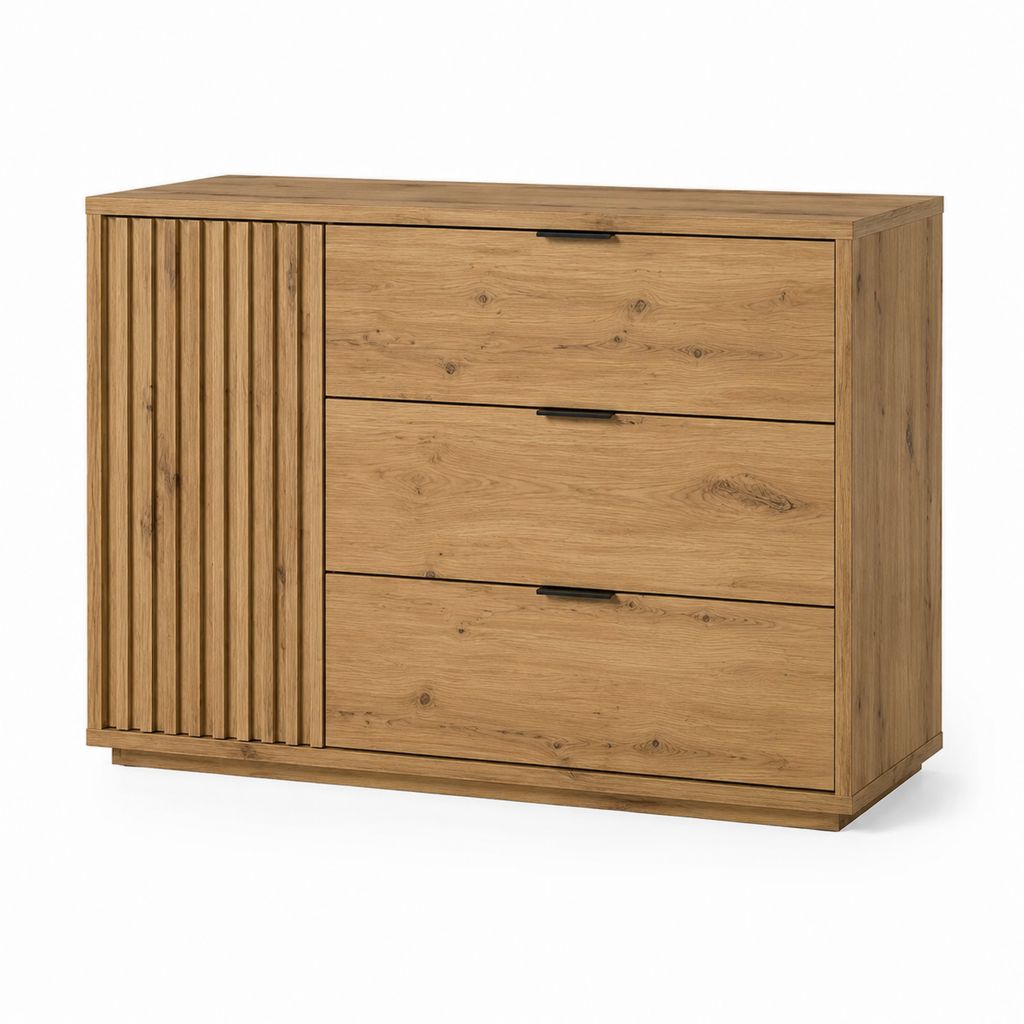 Kommode mit 3 Schubladen und 1 Tür Naturbraun massive Eiche rechteckig 120 x 45 x 90 cm
