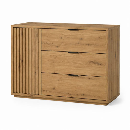 Kommode mit 3 Schubladen und 1 Tür Naturbraun massive Eiche rechteckig 120 x 45 x 90 cm