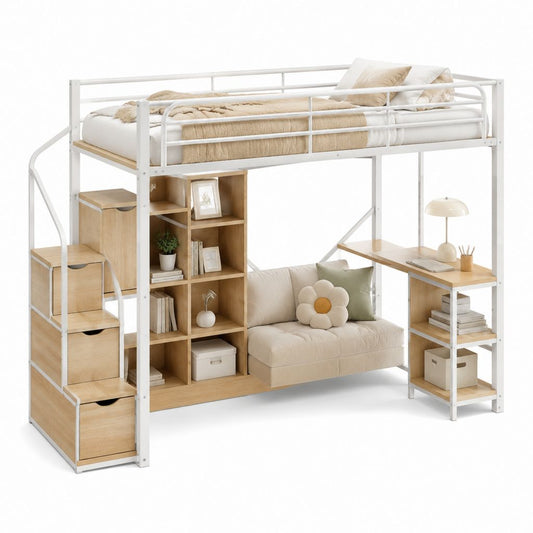 Hochbett mit Schreibtisch Regal Treppe und Schubladen Weiß Natur 90 x 200 cm