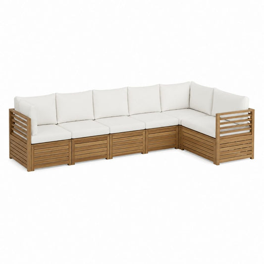 5-teiliges Gartensofa Ecksofa Naturholz Weiß mit Polyesterkissen 280 x 210 x 70 cm