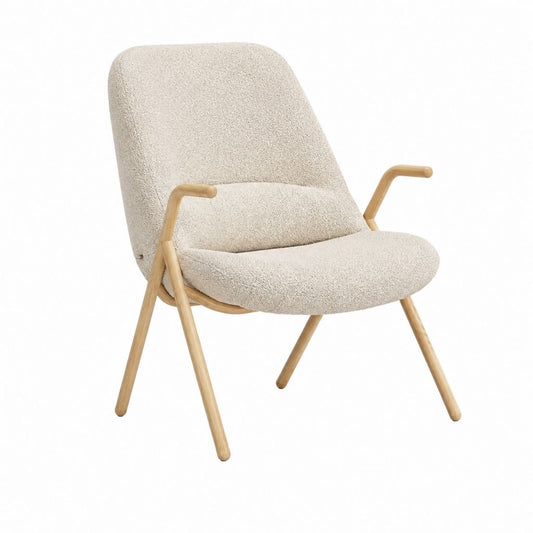 Loungesessel Creme mit Bouclé-Polyesterbezug und Massivholzgestell 68 x 75 x 98 cm