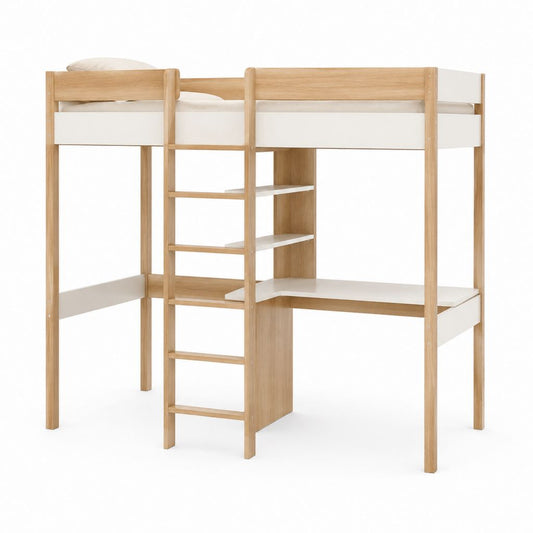 Hochbett mit Schreibtisch und Regal Weiß Natur Kiefer Massivholz MDF 90 x 200 cm