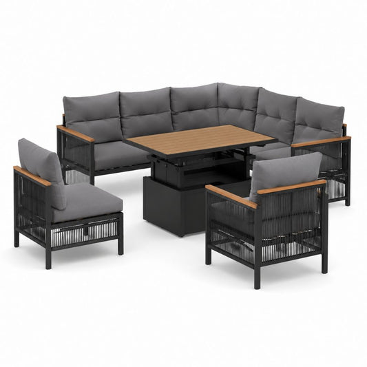 4-teiliges Gartenlounge Set mit Ecksofa 2 Sesseln und höhenverstellbarem Tisch Anthrazit Schwarz Aluminium PE-Seil Akazienholz L-Form 210 x 210 cm