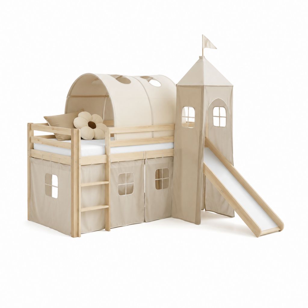 Kinder Hochbett mit Rutsche und Turm Beige Kiefer Massivholz 90 x 200 cm
