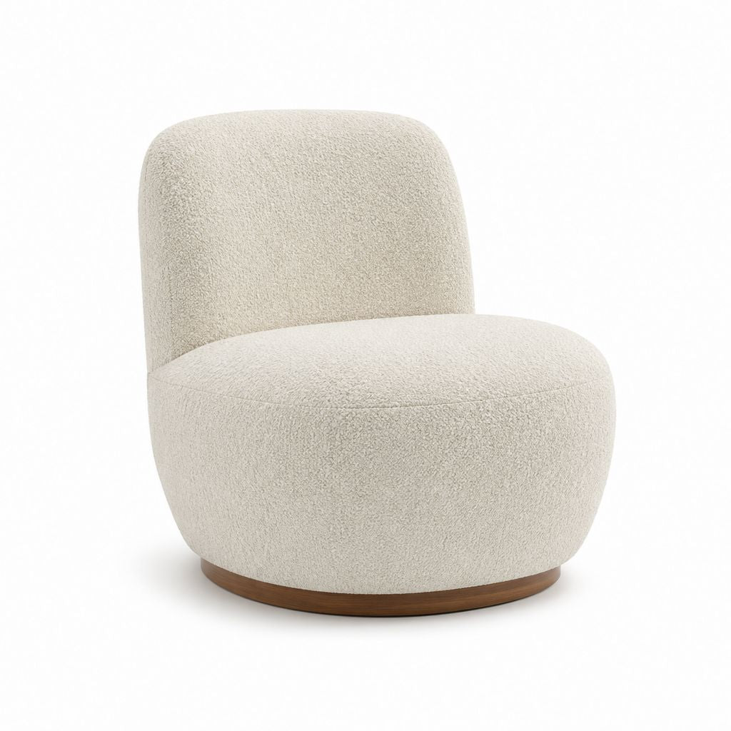 Drehsessel Creme mit Polyester-Bouclé Bezug und rundem Holzsockel 76 x 76 x 78 cm