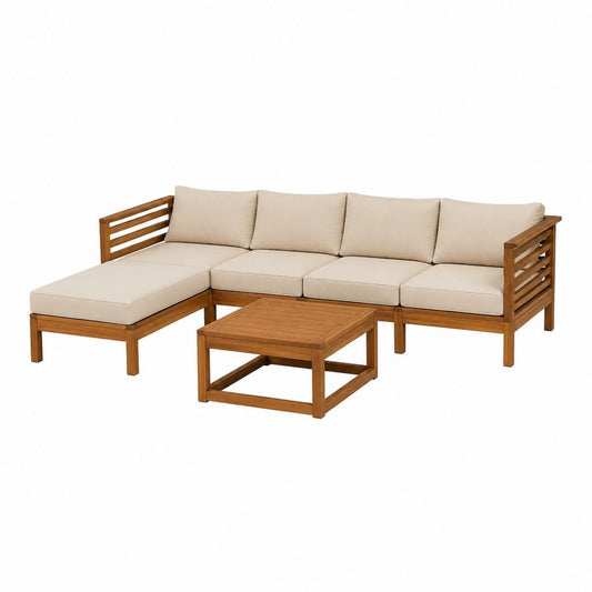 5-teiliges Gartensofa Set Beige Braun aus Akazienholz mit Polyesterbezügen in L-Form 275 x 130 x 75 cm