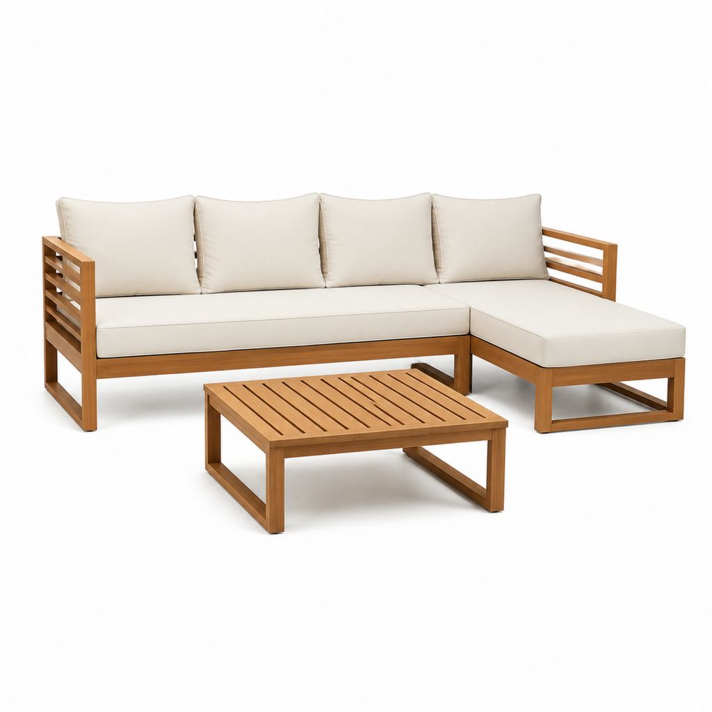 Gartenlounge Set L-Form Naturholz Beige mit Polyesterkissen 230 x 145 x 65 cm und Couchtisch 100 x 60 x 35 cm
