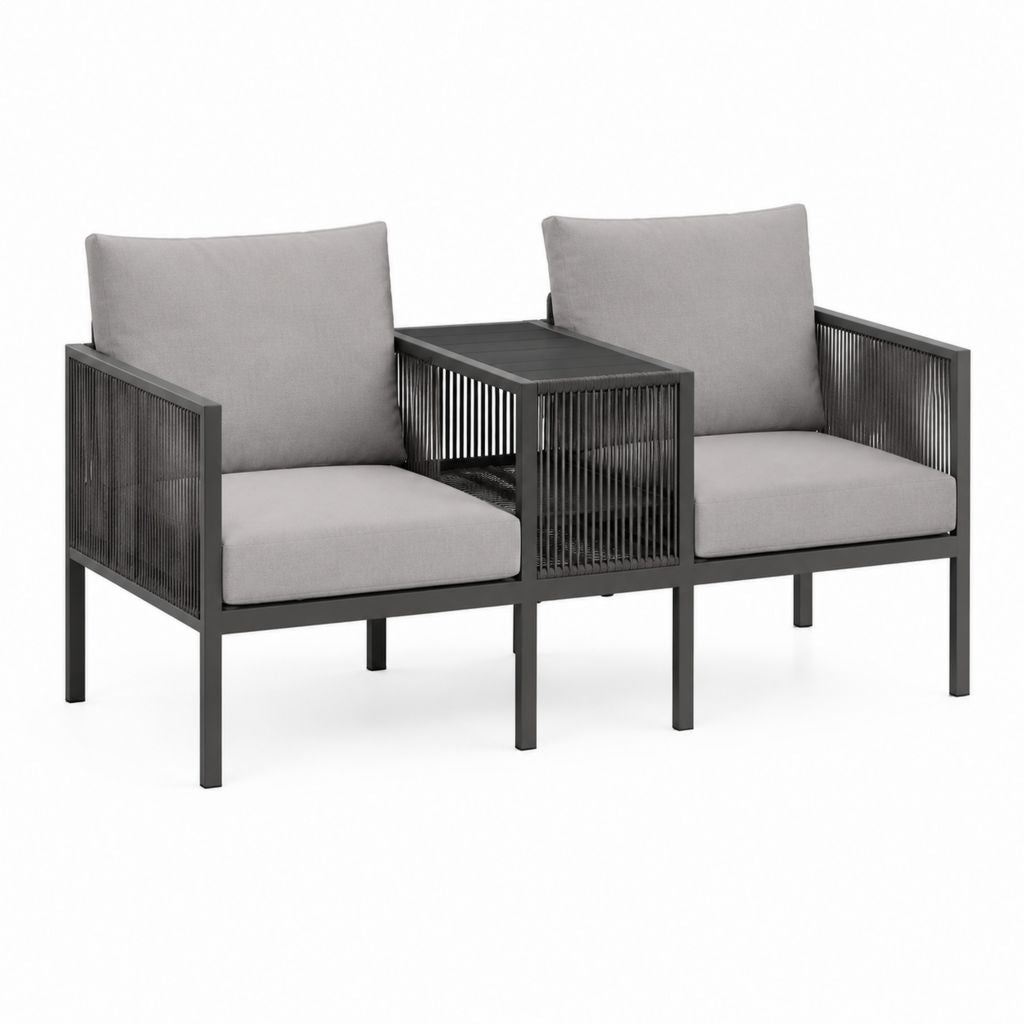 2er-Set Gartensessel mit Beistelltisch Grau Schwarz Stahl Polyester Rechteckig 184 x 70 x 80 cm