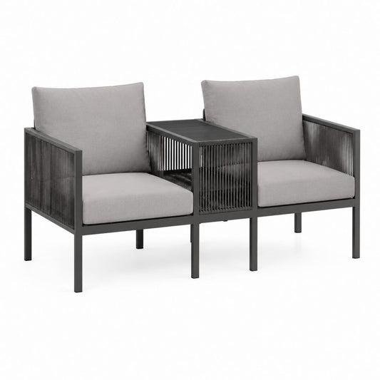 2er-Set Gartensessel mit Beistelltisch Grau Schwarz Stahl Polyester Rechteckig 184 x 70 x 80 cm