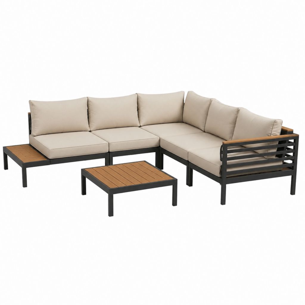 Gartenlounge Set Aluminium Beige mit Polywood Tischplatten L-Form 245 x 185 x 65 cm