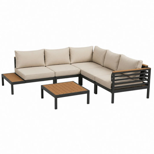 Gartenlounge Set Aluminium Beige mit Polywood Tischplatten L-Form 245 x 185 x 65 cm