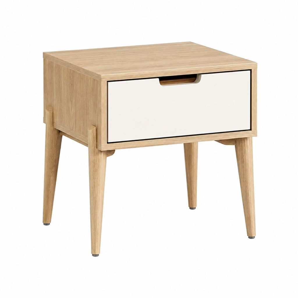 Nachttisch mit Schublade in Naturweiß aus massivem Gummibaumholz und MDF 45 x 35 x 55 cm