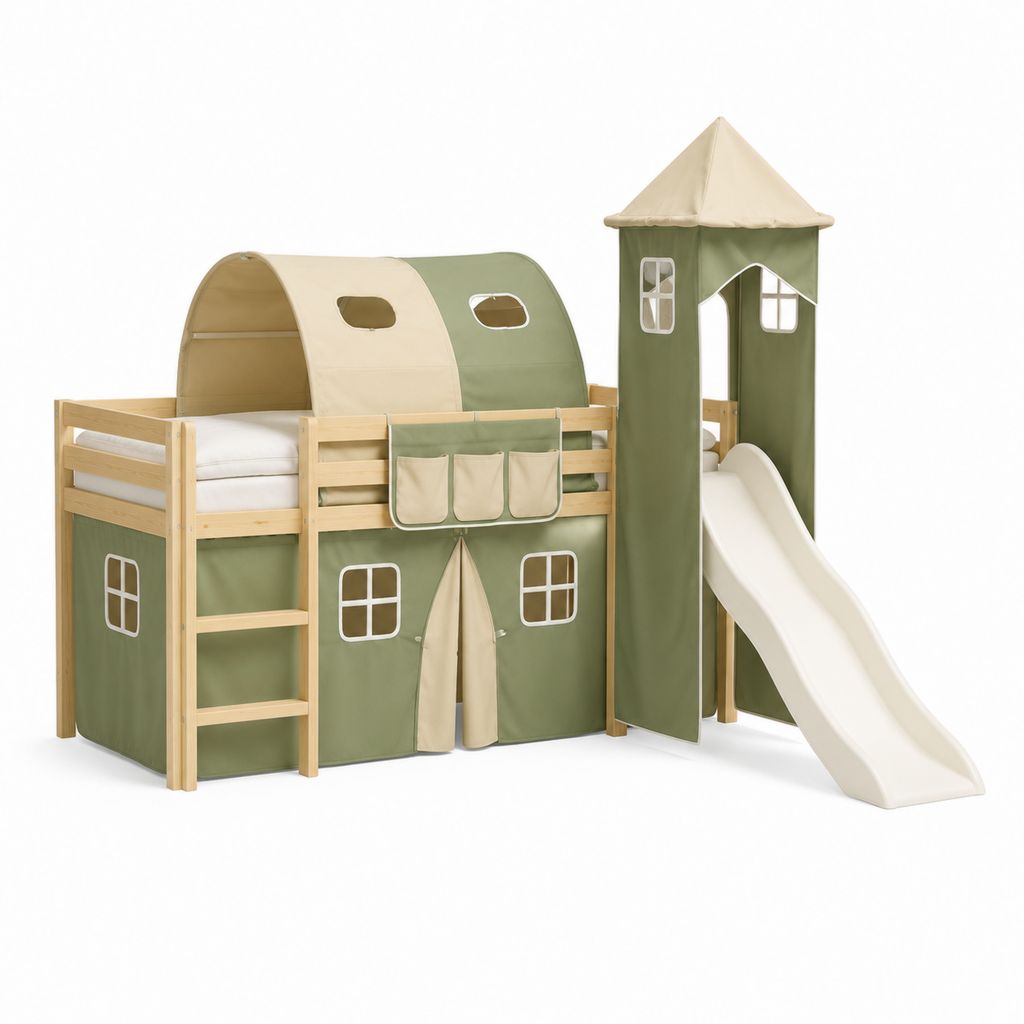 Kinder Hochbett mit Rutsche Olivgrün Natur Massivholz Kiefer Polyester 90 x 200 cm 210 x 210 x 210 cm