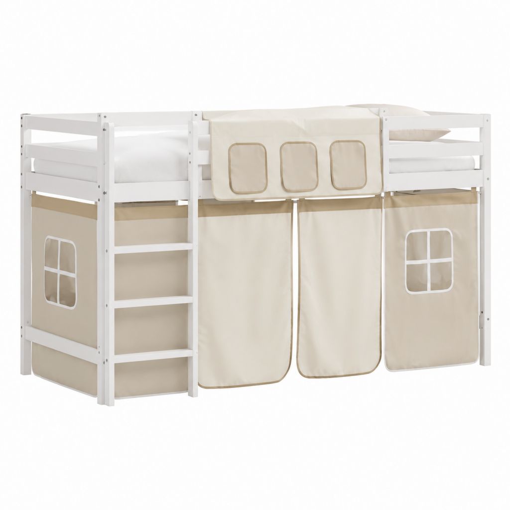 Kinder Hochbett 90 x 200 cm Weiß Massives Kiefernholz mit Polyester Vorhang und Leiter