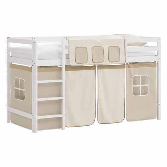 Kinder Hochbett 90 x 200 cm Weiß Massives Kiefernholz mit Polyester Vorhang und Leiter